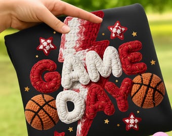 Faux Yarn Game Day Basketball PNG: Retro Crochet Red and White Sports Sublimation Design