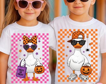 Bijpassende Halloween kinderen png, grappige Halloween pompoen strik gans png, herfst broer of zus jongen meisje Halloween png, herfst broer zus sublimatie