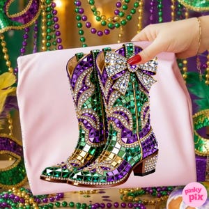 May include: A pair of decorative cowboy boots with a mosaic design in green, purple, and gold. The boots feature a large crystal bow and crystal-studded heels. The boots are held in front of a pink background.