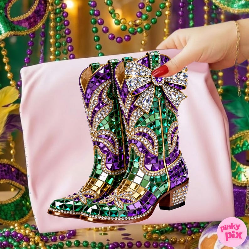 May include: A pair of decorative cowboy boots with a mosaic design in green, purple, and gold. The boots feature a large crystal bow and crystal-studded heels. The boots are held in front of a pink background.