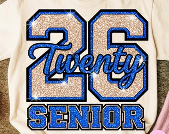 Senior 2026 PNG: Royal Blue Glitter Graduation Sublimation Design