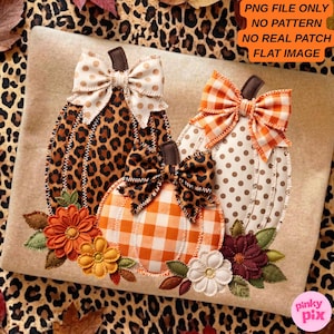 May include: A digital graphic featuring three pumpkin shapes with fabric-like textures. One pumpkin has a leopard print with a cream polka dot bow, one has orange gingham with a leopard bow, and one has cream polka dots with an orange gingham bow.