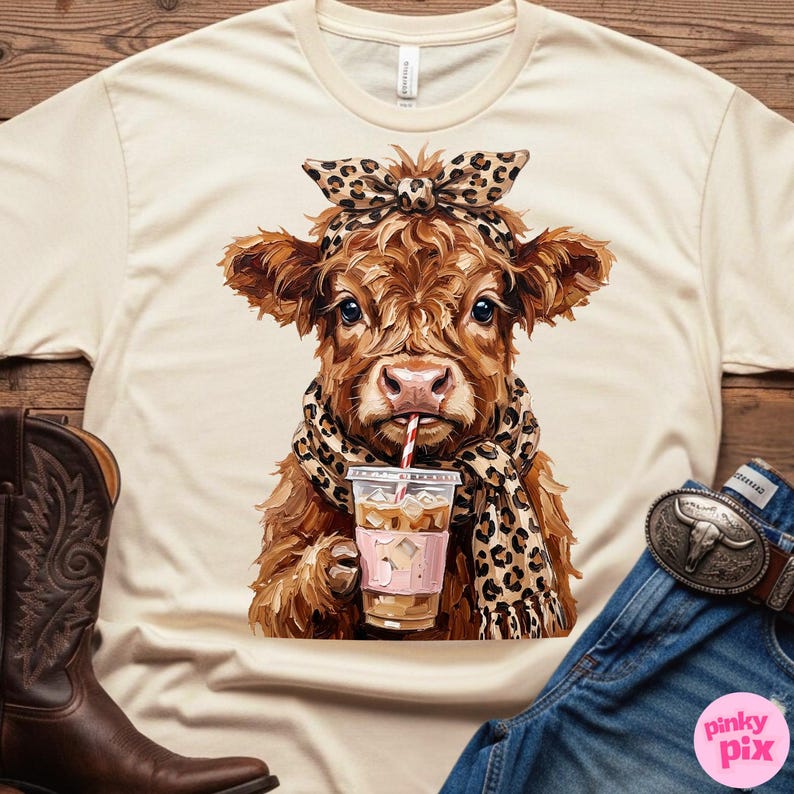 May include: Cream-colored t-shirt featuring a brown cow with a leopard print scarf and headband, sipping an iced coffee with a red and white striped straw. The cow is the central focus, with a detailed illustration style. The shirt is on a wooden surface.