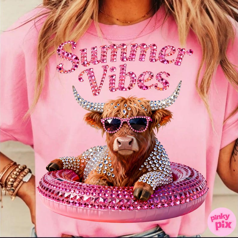 May include: Pink t-shirt with the text "Summer Vibes" in a sparkling font. The shirt features a Highland cow wearing sunglasses and a bejeweled float. The cow is brown with silver horns and is surrounded by pink gems.
