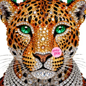 May include: A detailed image of a leopard's face, adorned with jewels. The eyes are green, and the fur is a mix of orange, gold, and black. A pink circle with the text "pinky pix" is visible.