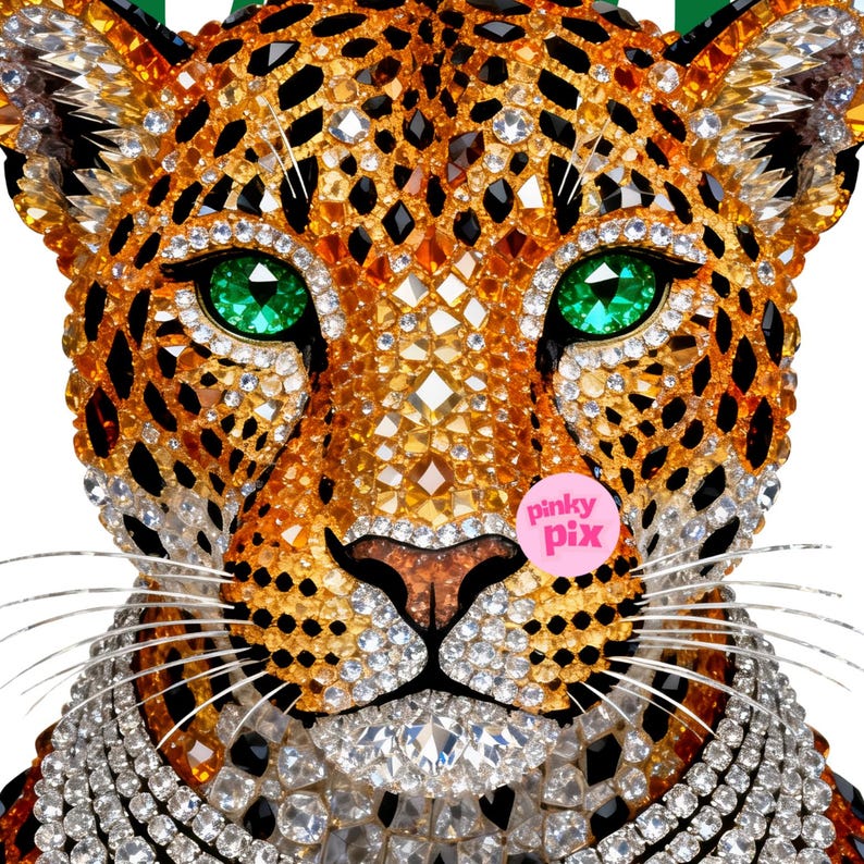 May include: A detailed image of a leopard's face, adorned with jewels. The eyes are green, and the fur is a mix of orange, gold, and black. A pink circle with the text "pinky pix" is visible.