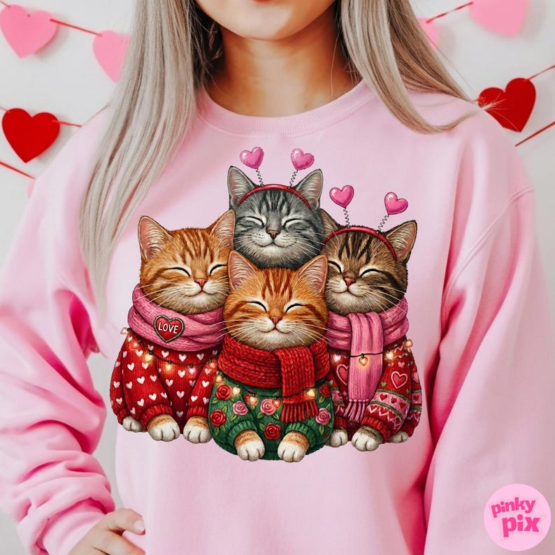 May include: Pink sweatshirt featuring a graphic of four smiling cats wearing scarves and sweaters. The cats have heart-shaped headbands. The sweaters are red and green with heart and floral patterns. The scarf on the front-most cat has the word "LOVE".