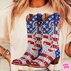 May include: A pair of cowboy boots with a patriotic design. The boots feature red and white stripes, blue fields with white stars, and are embellished with sparkling rhinestones. The boots have a brown heel and a pointed toe.
