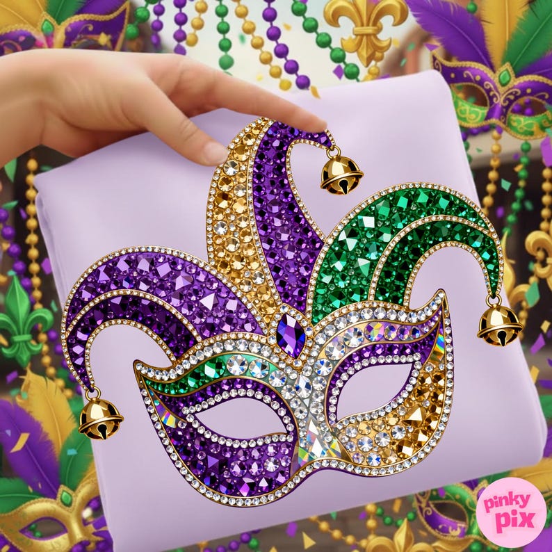 May include: A decorative Mardi Gras mask in purple, green, gold, and clear crystal rhinestones with gold bells. The mask is on a light purple surface, with Mardi Gras beads and masks in the background.
