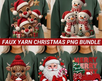 Faux Yarn Christmas PNG Bundle: Crochet Santa, Reindeer, Snowman, Cow, Truck Sublimation Design, Trending Holiday Knit Digital Download