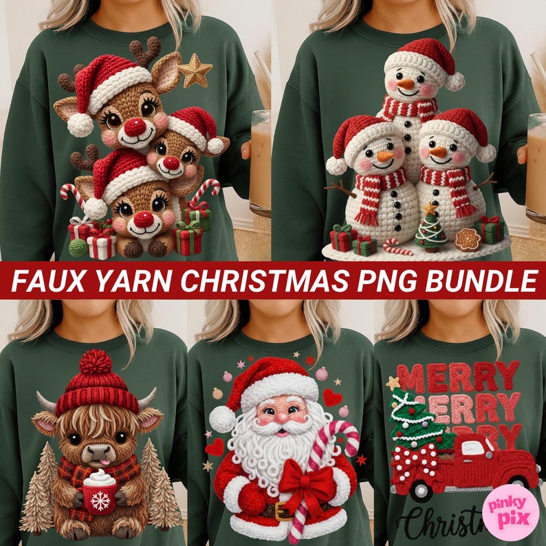May include: Green sweatshirts with Christmas-themed designs. The designs include reindeer, snowmen, Santa Claus, a Highland cow, and a red truck. The text "FAUX YARN CHRISTMAS PNG BUNDLE" is displayed across the image.