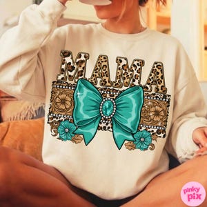 Western Mama PNG – Turquoise Bow Leopard Print Sublimation, Cowgirl Glam Mom Clipart for Mother’s Day Shirt image 5