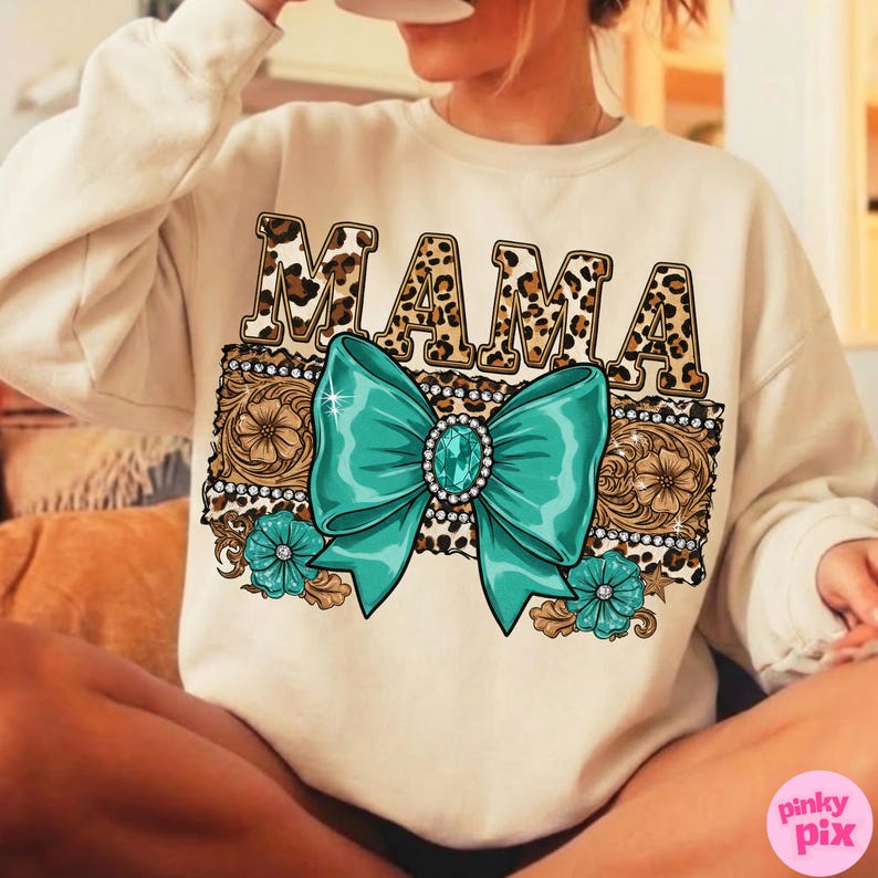 Western Mama PNG – Turquoise Bow Leopard Print Sublimation, Cowgirl Glam Mom Clipart for Mother’s Day Shirt image 5