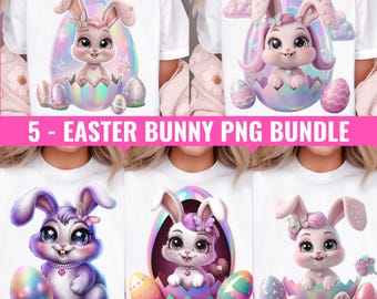 Easter Bunny Girl PNG Bundle, Kawaii Pastel Bunny Clipart, Cute Pink Rabbit Sublimation, Holographic Egg PNGs, Girly Easter Designs