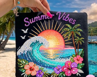 Summer Vibes PNG: Tropical Sunset Wave Hibiscus Rhinestone Sublimation Design, Trending Digital Download
