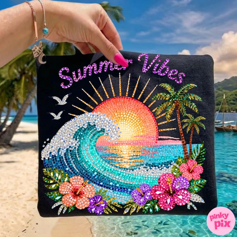 May include: Black tote bag with a vibrant, bejeweled design featuring a sunset, ocean waves, palm trees, and hibiscus flowers. The words "Summer Vibes" are spelled out in sparkling letters across the top.