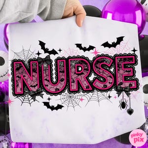 May include: A white Halloween-themed design with the word "NURSE" in pink and black, featuring a lace pattern, bats, spiderwebs, and bows. The design is held up by a hand, with purple and black balloons in the background.