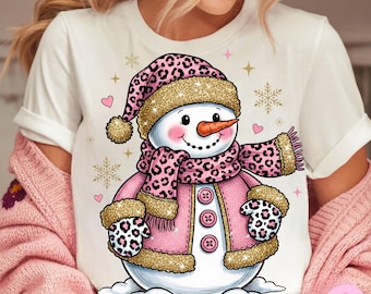 Pink Leopard Snowman Glitter Png, Girly Winter Christmas Png, Trendy Cute Holiday Sublimation, Christmas Coquette Xmas Png, Digital Download