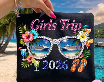 Girls Trip 2026: Rhinestone Tropical Cruise Sunglasses Beach Vacation Sublimation Design