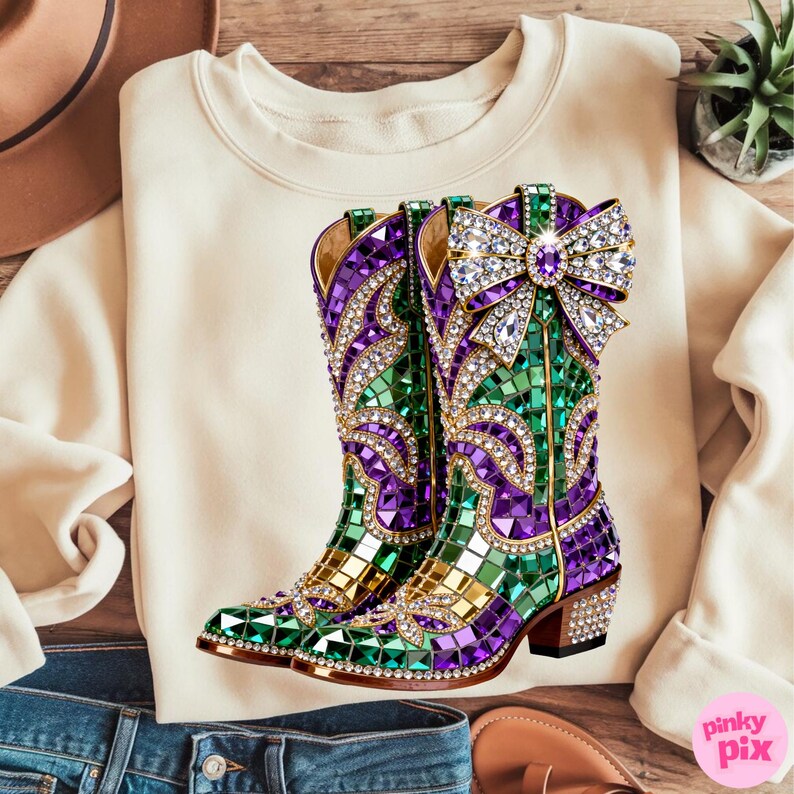 May include: Cream-colored sweatshirt with a graphic of jeweled cowboy boots. The boots are decorated with green, purple, and gold mosaic-style gems, and a large jeweled bow. The boots have a rhinestone-studded heel.