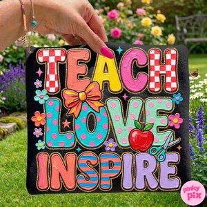 Teach Love Inspire PNG: Coquette Bow Apple Floral Brushstroke Glitter Sublimation Design, Digital Download image 2