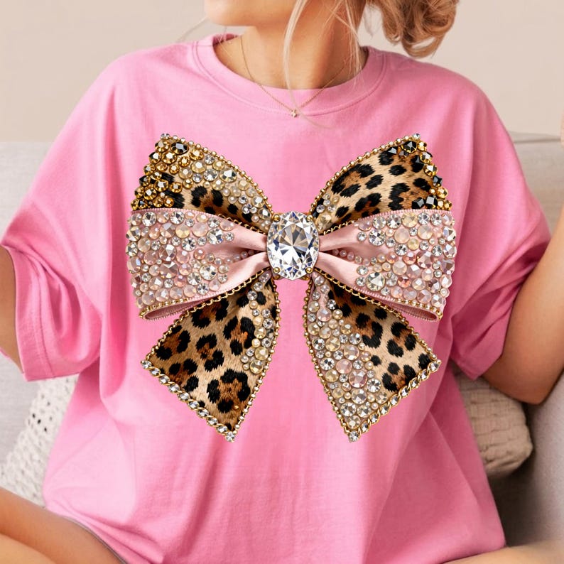 Leopard Rhinestone Bow PNG: Glam Coquette Bling Sparkle Mosaic Ribbon Sublimation Design, Digital Download image 5