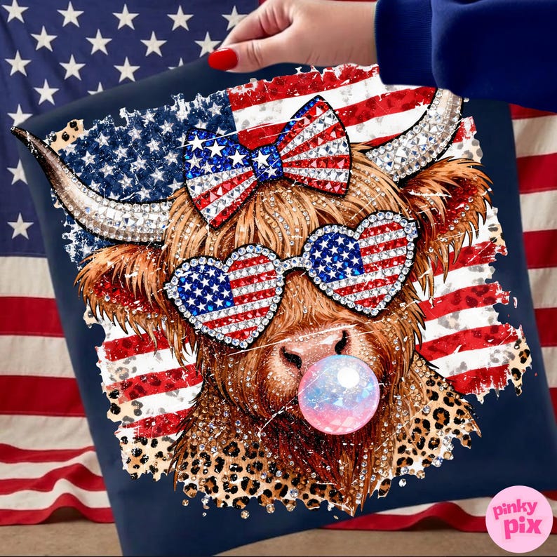 May include: A navy blue pillow featuring a Highland cow with patriotic sunglasses and a bow, both adorned with the American flag. The cow is blowing a bubble and has a leopard print pattern. The background includes an American flag.