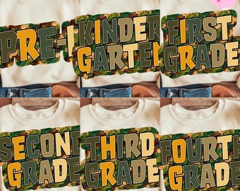 Camo Back to School Boys PNG Bundle: Pre-K Kinder First Second Third Fourth Grade File