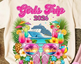 Girls Trip Cruise 2026 PNG: Sparkling Summer Vacation Tropical Floral Beach Sunglasses Sublimation Design