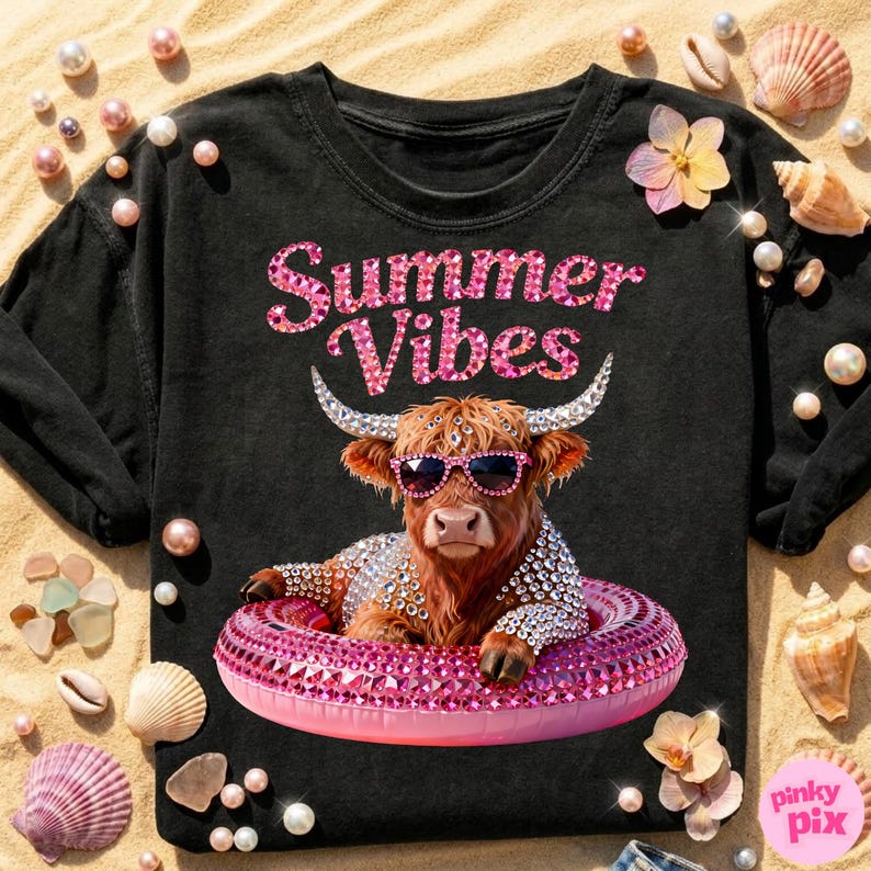 May include: Black long-sleeve shirt with the text "Summer Vibes" in pink glitter. The shirt features a Highland cow wearing sunglasses and a bejeweled floatie. The image is decorated with pearls, seashells, and flowers.