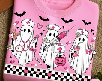 Cute Pink Halloween Nurse Ghost Png, Coquette Nurse Medical Spooky Ghost Sublimation, Funny Girly Nurse Png, Healthcare Halloween Design
