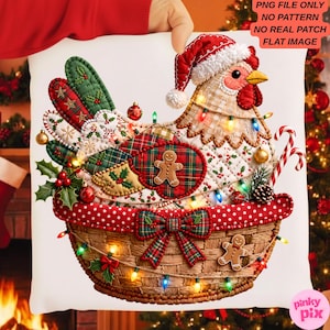 May include: A digital illustration of a chicken wearing a Santa hat, sitting in a woven basket decorated with a plaid bow, gingerbread cookies, holly, and colorful Christmas lights. The text reads: PNG FILE ONLY, NO PATTERN, NO REAL PATCH, FLAT IMAGE.