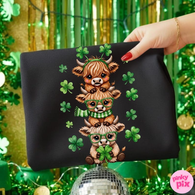 May include: Black tote bag featuring a stack of three cartoon Highland cows, each adorned with shamrocks and green accessories. The cows wear glasses and scarves, with shamrocks scattered around. The design is festive and themed for St. Patrick's Day.
