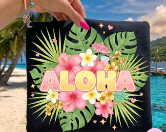 Aloha PNG Sublimation Design, Tropical Hawaii Summer Clipart, Hibiscus Palm Beach Shirt PNG for Vacation Vibes