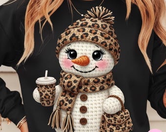 Faux Garn Schneemann Weihnachten PNG: Leopard häkeln Winter Sublimation Design, Trending Digital Download
