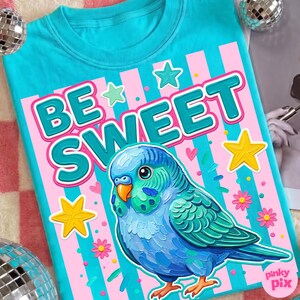 May include: A turquoise t-shirt with a graphic that says "BE SWEET" in a bubble font. The graphic includes a blue parakeet, pink stripes, stars, and flowers. The shirt has a round neckline.