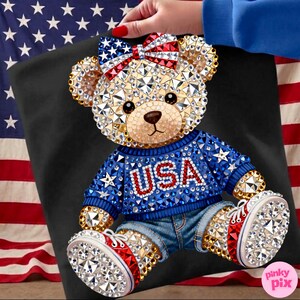 USA Teddy Bear 4th of July PNG: Patriotic Rhinestone American Flag Bow T-Shirt Design image 6