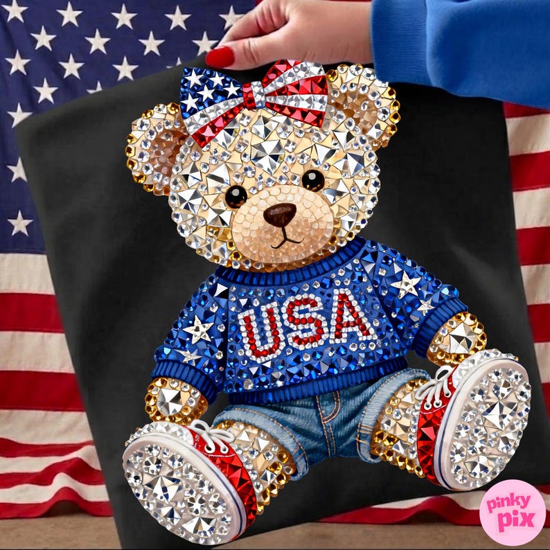USA Teddy Bear 4th of July PNG: Patriotic Rhinestone American Flag Bow T-Shirt Design image 6