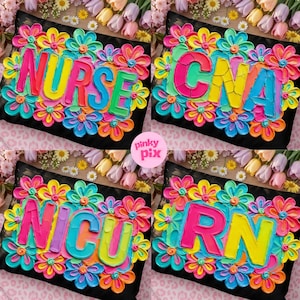 Op de afbeelding: Vier zwarte decoratieve kussens met kleurrijke bloemmotieven en tekst. De kussens tonen de woorden "NURSE", "CNA", "NICU" en "RN" in levendige, veelkleurige letters, omringd door heldere, gebeeldhouwde bloemen.