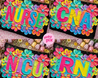 Paquete de imágenes PNG de enfermeras: Diseños de sublimación con pinceladas florales y coloridas para auxiliares de enfermería y enfermeras de cuidados intensivos neonatales. Descarga digital.