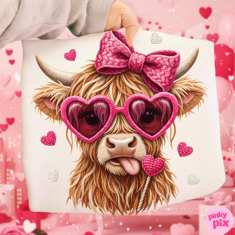 May include: A white pillow featuring a Highland cow illustration. The cow has brown fur, pink heart-shaped sunglasses, and a pink bow. A pink heart-shaped lollipop is in its mouth. Pink hearts are scattered around the cow.
