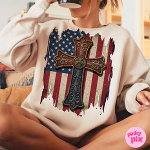 Patriotic Cross PNG, Memorial Day Sublimation Design, American Flag Christian PNG, 4th of July Faith Clipart, God Bless America PNG