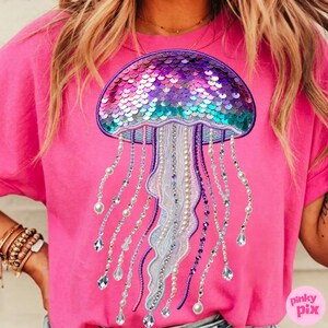 Summer Jellyfish PNG: Sequin Embroidery Iridescent Ocean Life Design, Trending Digital Download image 8