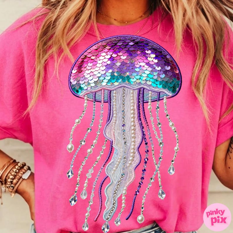 Summer Jellyfish PNG: Sequin Embroidery Iridescent Ocean Life Design, Trending Digital Download image 8