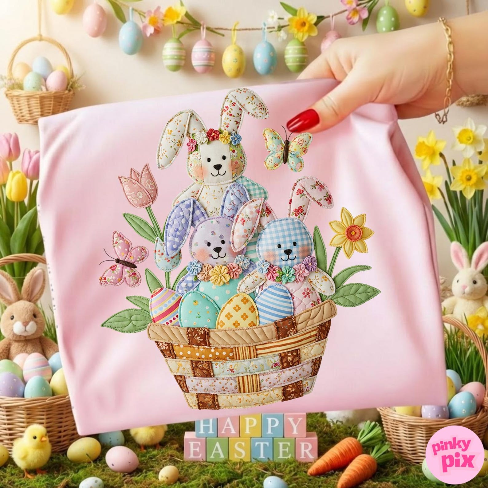 Patchwork Easter Bunny Floral Basket PNG: Grandma Core Spring ...