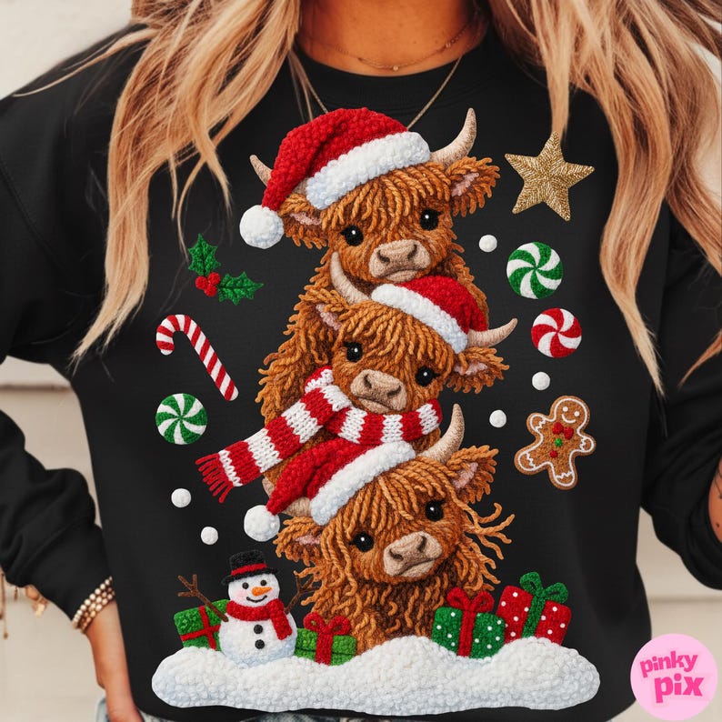 May include: Black sweatshirt featuring a festive design of three Highland cows wearing Santa hats and a red and white scarf. The design includes a snowman, gifts, and Christmas ornaments. A gold star and gingerbread man are also included.