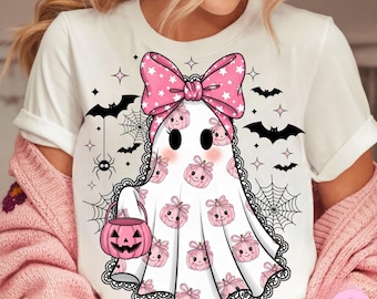 Fantasma de renda fofo PNG, Fantasma de laço rosa de Halloween fofo PNG, Sublimação de fantasma de abóbora feminina, Clipart retrô de temporada assustadora, Download digital