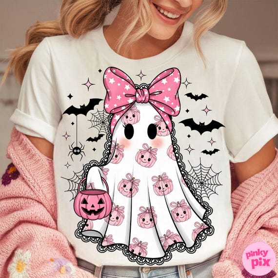 Cute Lace Ghost Png, Coquette Halloween Pink Bow Ghost Png, Girly Pumpkin Ghost Sublimation, Retro Spooky Season Clipart, Digital Download