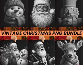 May include: A collection of vintage Christmas-themed PNG images. The images include a snowman, Santa Claus, a nutcracker, reindeer, and a deer wearing a scarf. The text "VINTAGE CHRISTMAS PNG BUNDLE" is displayed in the center of the image.