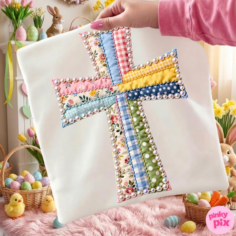Patchwork Cross PNG: Easter Christian Floral Pearl Grandma Core geruit sublimatieontwerp, digitale download afbeelding 3